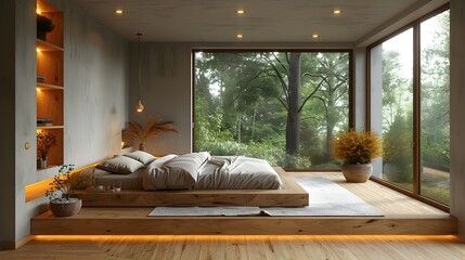 Modern Bedroom Minimalist Raw Concrete Oak Belgian Style Warm LED Lighting Serene Mood Crisp Details Elegant Design Luxurious Calm Ambiance (AI-Generated)