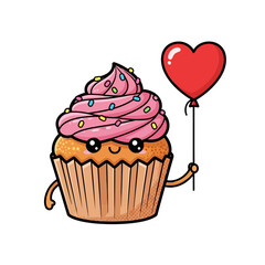 Cute cartoon cupcake with pink frosting and sprinkles holding a red heart balloon