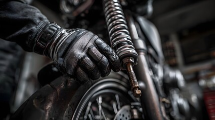 Mechanics gloved hand adjusting the front suspension of a motorcycle in a workshop.