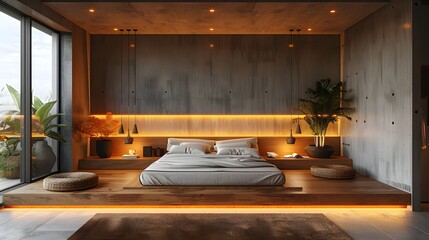 Modern Bedroom Minimalist Raw Concrete Oak Belgian Style Warm LED Lighting Serene Mood Crisp Details Elegant Design Luxurious Calm Ambiance (AI-Generated)