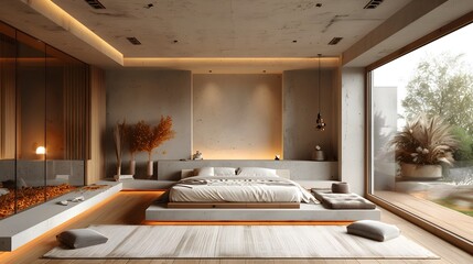 Modern Bedroom Minimalist Raw Concrete Oak Belgian Style Warm LED Lighting Serene Mood Crisp Details Elegant Design Luxurious Calm Ambiance (AI-Generated)