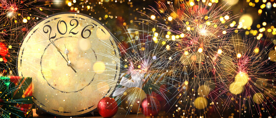 Happy New 2026 Year card with clock, Christmas balls, bokeh lights and fireworks