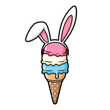 Cute cartoon bunny rabbit wearing an ice cream cone hat with pink and blue scoops