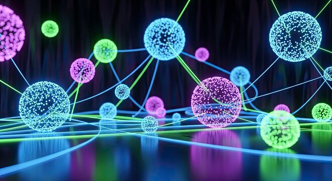 Abstract glowing neon spheres connected by lines representing a futuristic digital network or molecular structure in dark space