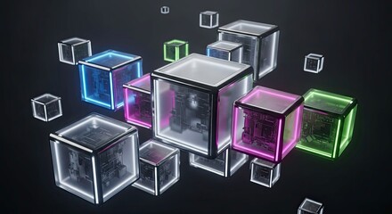 Abstract collection of glowing, transparent, neonedged cubes floating in a dark digital space