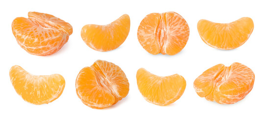 Fresh tangerines isolated on white, set. Citrus fruit