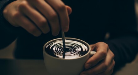 Close-up of hands stirring a dark beverage in a white mug creating hypnotic ripples a moment of