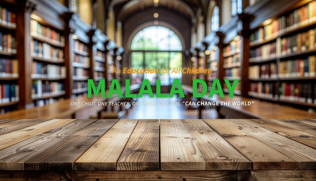Malala Day concept. Empty wooden table top blurred library or book store setting with books and reading material.