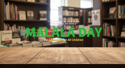 Malala Day concept. Empty wooden table top blurred library or book store setting with books and reading material.