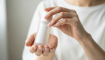 Woman's hands holding a clear roll-on antiperspirant bottle with a blank label for a cosmetic product mockup