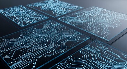 Abstract glowing blue circuit board pattern on dark background representing digital technology and data flow