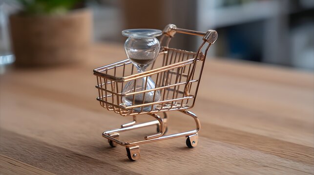 Miniature Shopping Cart with Hourglass on Wooden Table.