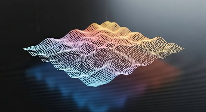 Abstract 3d wireframe surface plot showing a colorful, undulating mathematical wave function or data visualization