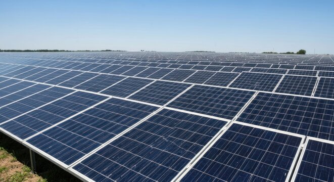 Vast field of rectangular panels capturing sunlight, under a blue sky