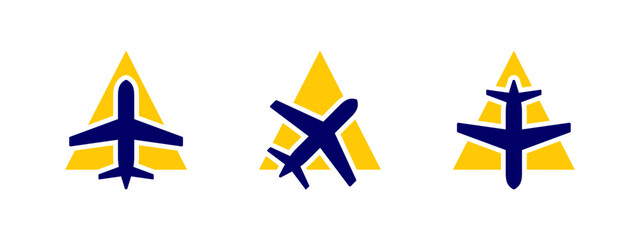 Set of airplane flight logo design template. Up arrow icon with airplane combination. Concept of holiday, tourism, trip, exploration, etc.