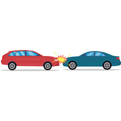 Fototapeta premium Two Cars Colliding In A Traffic Accident Showing Red Sedan Hitting Blue Coupe With Yellow Spark Effect On White Background