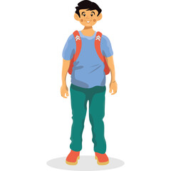 Smiling Young Boy Wearing Blue T Shirt Teal Pants and Red Backpack Standing Against Transparent White Background