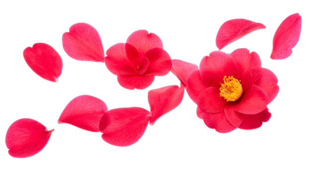 Delicate pink camellia petals gracefully scattered across a clean white background, evoking a sense of elegance and natural beauty