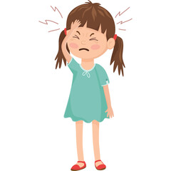 Sick Child Holding Forehead In Pain With Red Lines Indicating Headache And Fever In A Teal Dress And Red Shoes On Transparent Background