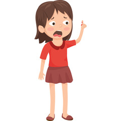 Worried Young Girl With Bandage On Finger Expressing Concern While Pointing Upward With Red Shirt and Brown Skirt On Transparent Background