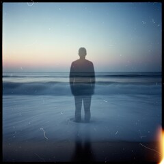 Lonely soul standing transparently by the vast ocean at twilight, a vintage double exposure