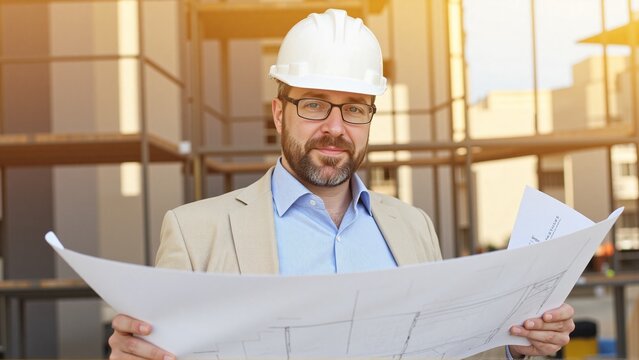 Architect reviewing building plans at construction site with safety helmet in warm sunlight
 - Powered by Adobe