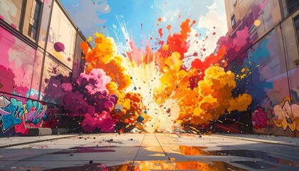 A vibrant explosion of colors fills a narrow alleyway with graffiti art on walls