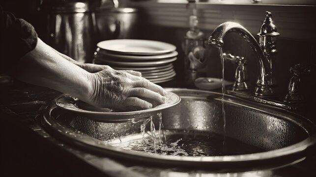 Monochromatic close-up of hands washing dishes in a kitchen sink, with a stack of clean plates in the background.