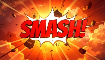 Comic book style "SMASH!" text erupts, surrounded by explosion effects and debris