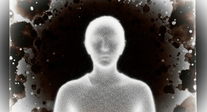 Mysterious glowing human silhouette in abstract grainy dark void with light speckles - Powered by Adobe