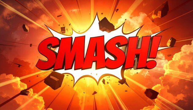 Comic book style "SMASH!" text erupts, surrounded by explosion effects and debris - Powered by Adobe