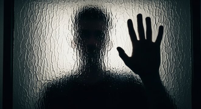 Mysterious dark shadow of a figure behind frosted glass with an outstretched hand creating a