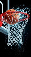 A dynamic basketball shot creating a refreshing splash of water as it goes through the net