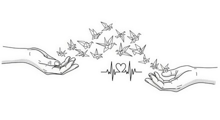 Heartbeat connection with flying paper cranes symbolizing hope and shared humanity