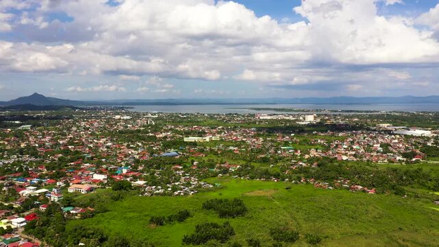 Tacloban city, Leyte island, Philippines. Tropical landscape with panorama of the town, aerial view. Summer and travel vacation concept.