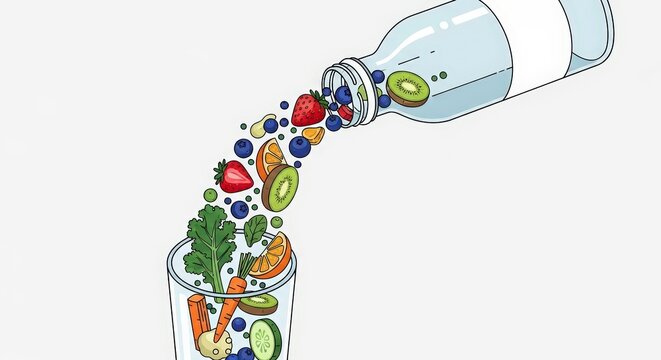 Illustration of fruits and vegetables falling into a glass from a bottle for healthy eating concept - Powered by Adobe