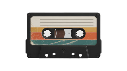 Obraz premium Vintage audio cassette tape with retro stripes and scratches isolated on a transparent background