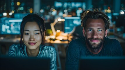 Diverse coworkers collaborating late at night in a modern, brightly lit office environment.