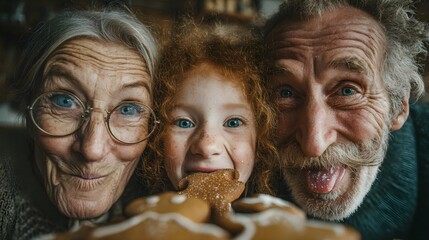 Three generations of family joyfully share homemade gingerbread cookies during festive holidays.