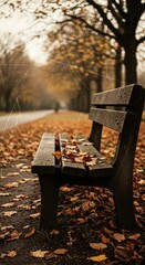 Autumn Serenity: A Deserted Park Bench Adorned with Golden Fallen Leaves on a Quiet Path