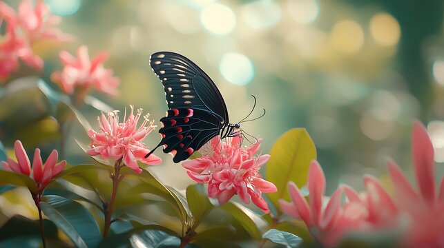 black butterfly with striking red accents rests gently on vivid pink blossoms against a dreamy bokeh background. This serene macro shot captures the delicate beauty of nature