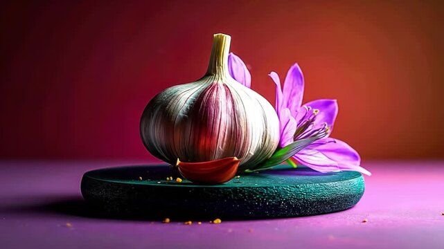 Close up of garlic bulb with red chili and green leaf on display