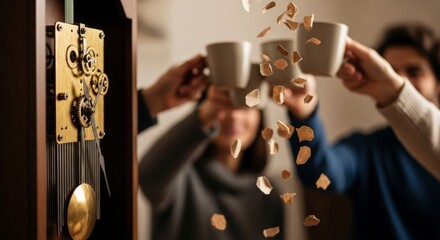 Celebration of Time: Joyful Toast with Falling Confetti Beside an Antique Grandfather Clock
