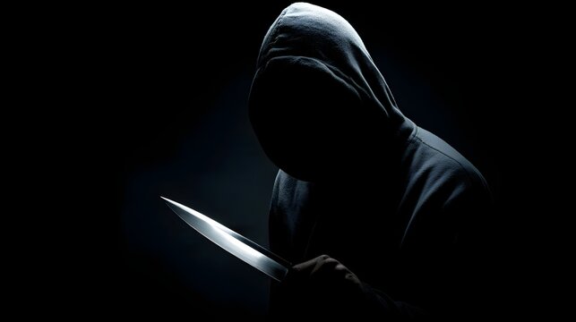 Mysterious hooded figure holding a knife in a dark, ominous setting.