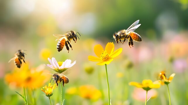 Honey bees actively pollinating vibrant flowers in a sunlit meadow, ideal for illustrating nature, environmental themes, or spring and summer concepts