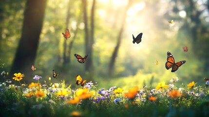 Monarch butterflies and vibrant wildflowers thrive in a sunlit forest meadow, capturing the essence of spring and natural beauty