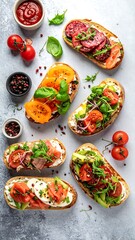 Colorful Bruschetta Variety - Fresh Toppings on Toasted Bread.