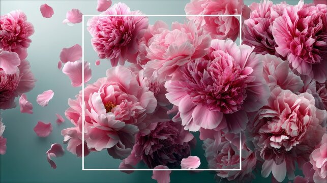 A close-up, soft-focus shot of lush pink peony flowers with delicate petals falling around them, set against a smooth, gradient background.
