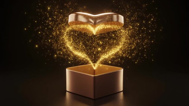 Heart Valentine Chocolate Gift Box Opening with Floating Golden Sparkles
