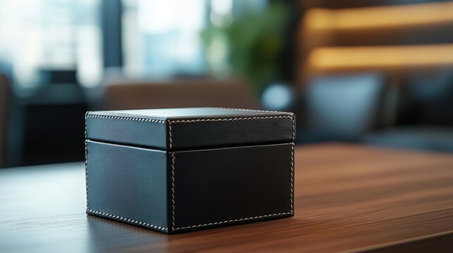 Luxury watch box packaging with a smooth leather exterior  on blurred background